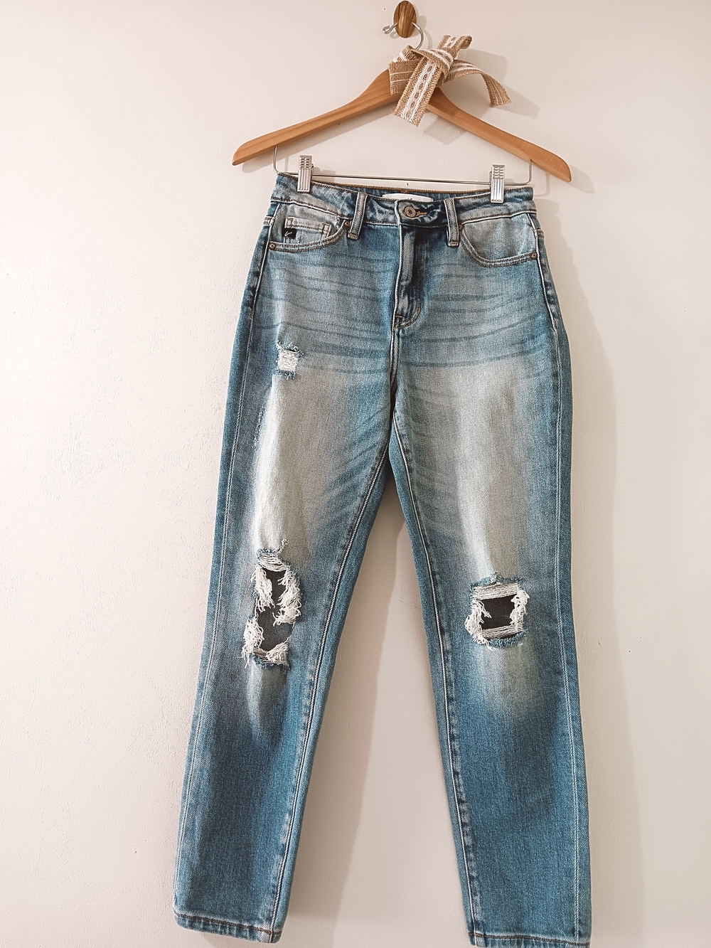 KANCAN DISTRESSED HIGH RISE MEDIUM BLUE WHISKERED DENIM BOYFRIEND JEANS 1 | 24